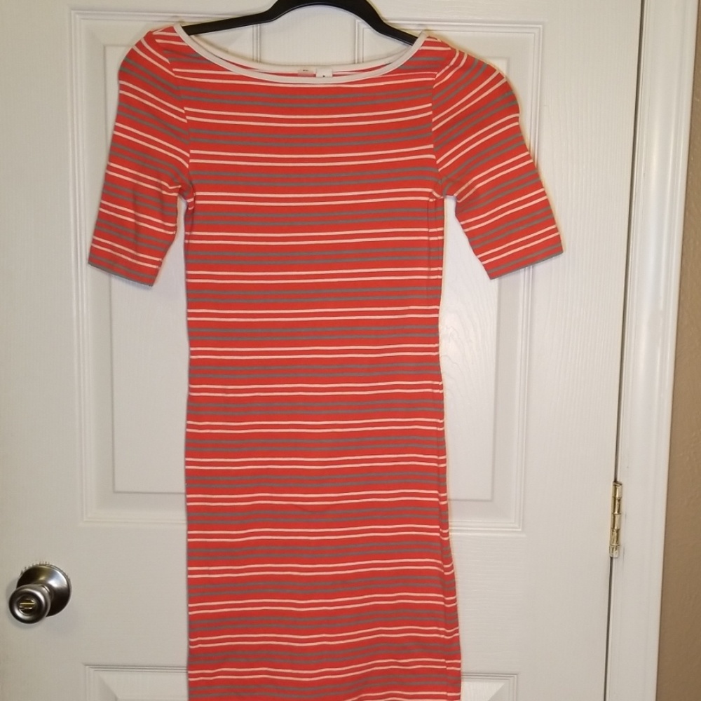 Girls dress, peach with green & white stripes.